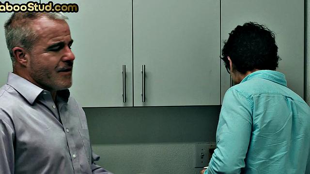 Gay stepdaddy gets banged in office 3way by stepson