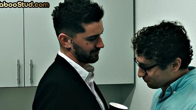 Gay stepdaddy gets banged in office 3way by stepson