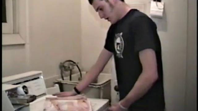 This scene effectively creates the illusion of what it would be like to sneak up on some dude beating off. Donatello spreads his porn magazine on the washer and gets down to business.