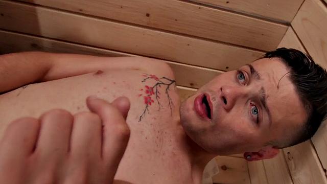 Tattooed jock barebacks sauna twink in tiny asshole