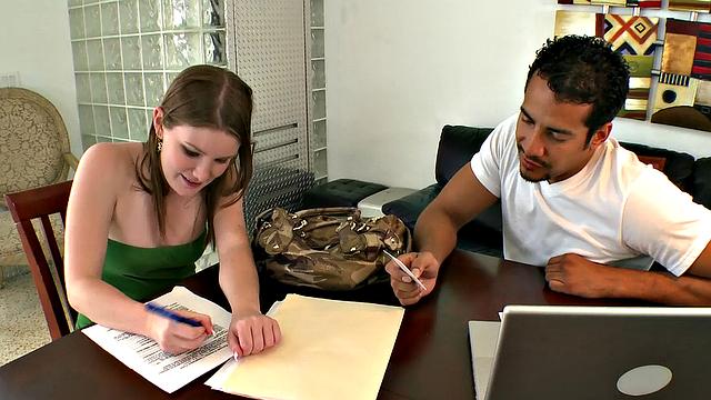 Latina babe with brown hair gets her tight pussy drilled in the living room