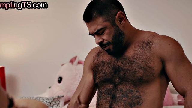 Busty Trans with pierced nipples rimmed n fucked by BF