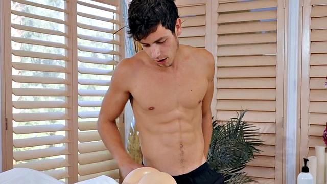 Ebony bisex babe licked and fucked in 3 way on massage table