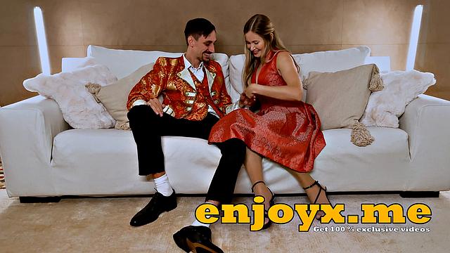 Busty platinum-blonde with enormous bra-stuffers and clean-shaved pussy, deep throats chisel in full HD - trampy sluts!