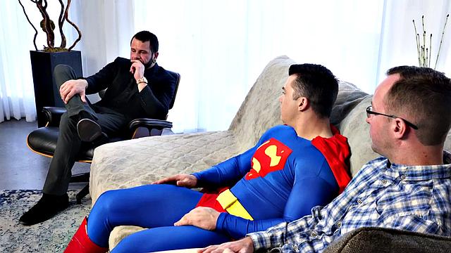 Cosplay jock fucks BF's ass in threesome on couple therapy