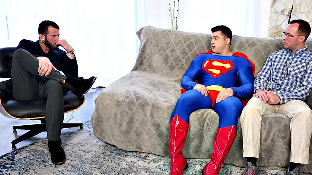 Cosplay jock fucks BF's ass in threesome on couple therapy