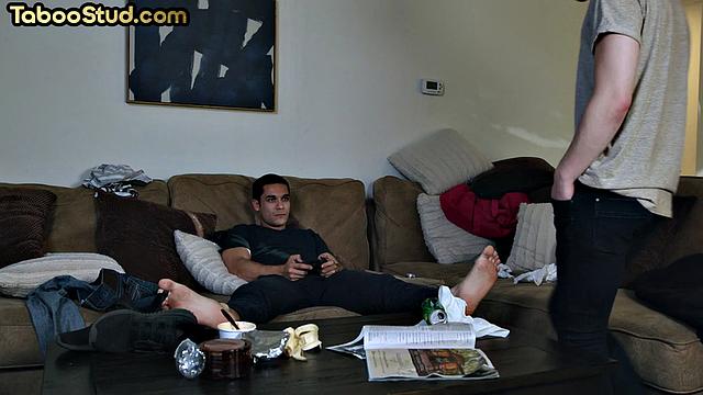 Deepthroating inked man rimming roommate