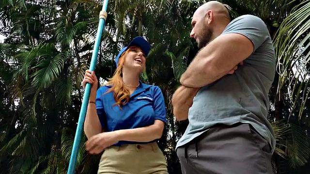 Bigass redhead anal MILF rides cock outdoor on swimming pool