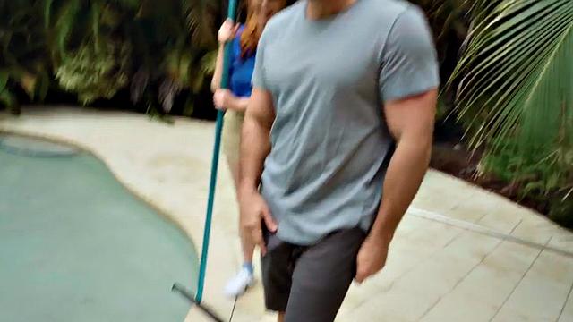 Bigass redhead anal MILF rides cock outdoor on swimming pool