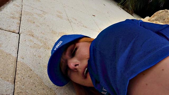 Bigass redhead anal MILF rides cock outdoor on swimming pool