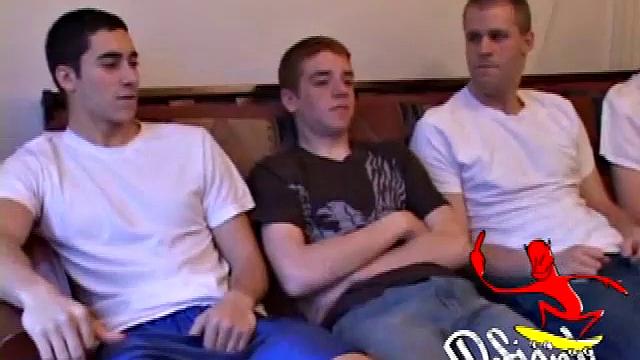 When they've all gotten their cocks hard Levi, Mason, Colin and Casper start stroking. Levi goes down on Casper and that starts the party as they switch off on each other.