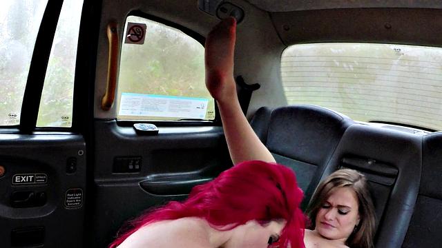 Hot tattooed babe in stockings licks and fucks in car with posh lady