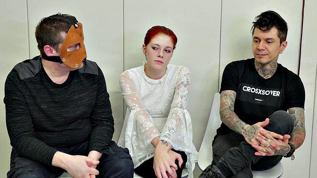 Watch this bald-headed babe gag and toy her masked pussy in bondage