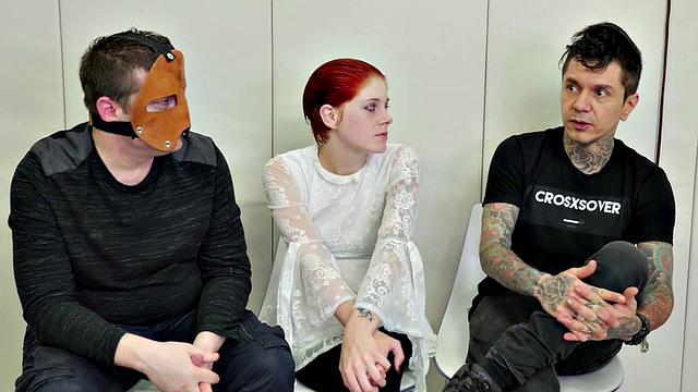 Watch this bald-headed babe gag and toy her masked pussy in bondage