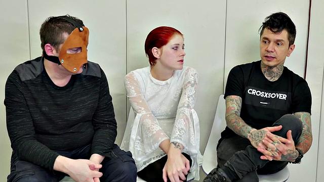 Watch this bald-headed babe gag and toy her masked pussy in bondage