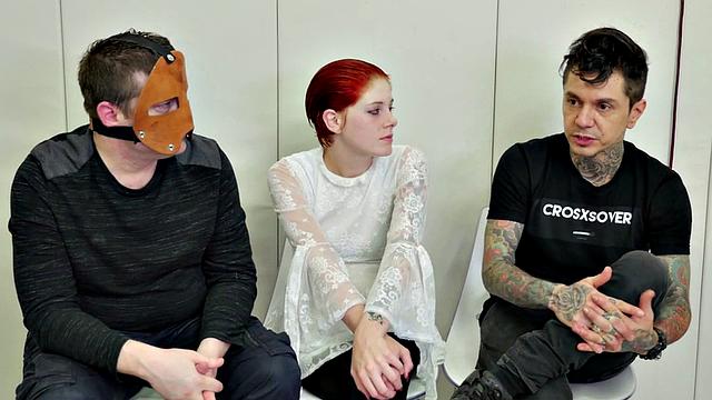 Watch this bald-headed babe gag and toy her masked pussy in bondage