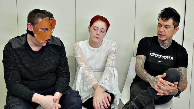 Watch this bald-headed babe gag and toy her masked pussy in bondage
