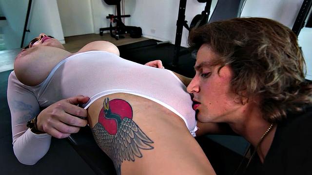 Busty young girl with huge boobs sucks the big dick