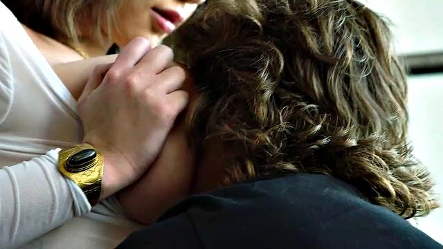 Busty young girl with huge boobs sucks the big dick