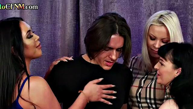 British CFNM amateur babes give group BJ and HJ to guy