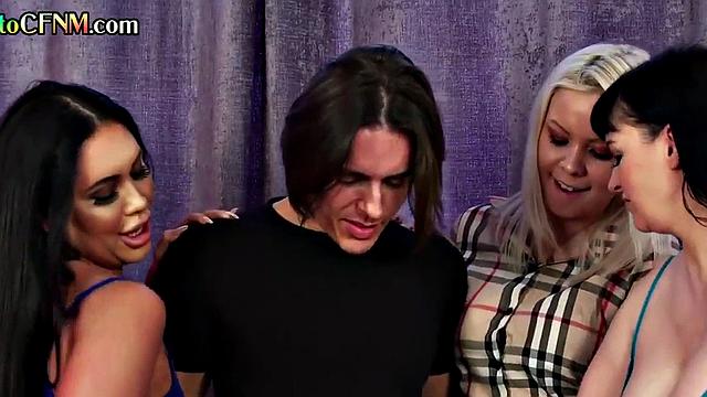 British CFNM amateur babes give group BJ and HJ to guy