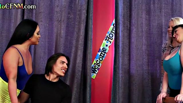 British CFNM amateur babes give group BJ and HJ to guy