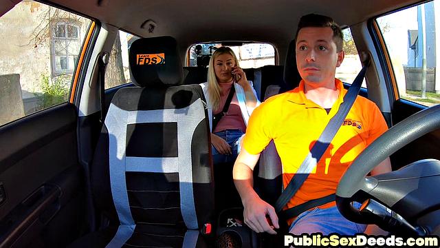 Busty blonde rides cock in car