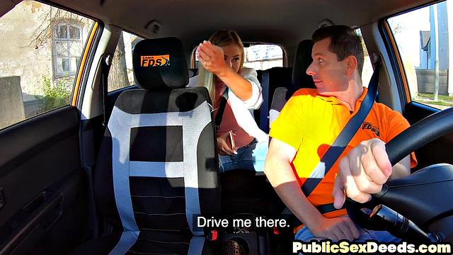 Busty blonde rides cock in car