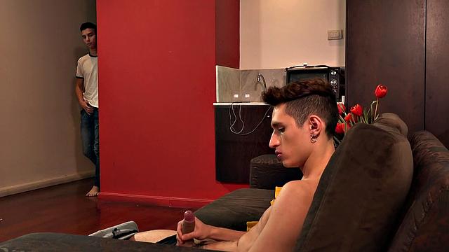 Sonny watches porn on his phone while Francis watches and joins in to beat off.