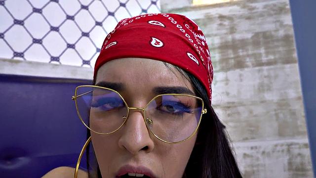 Brunette bombshell with a big ass teasing body before tugging on a hard cock in high heels and lingerie