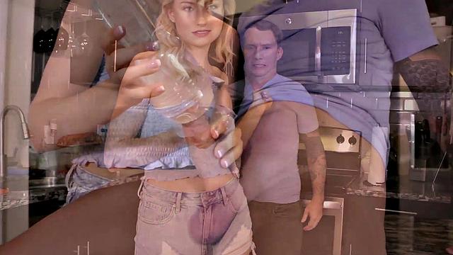 CFNM babe edging BF's cock with flashlight in kitchen