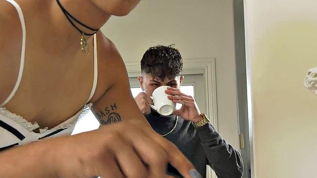 Pink hair trans maid in lingerie pounded from behind