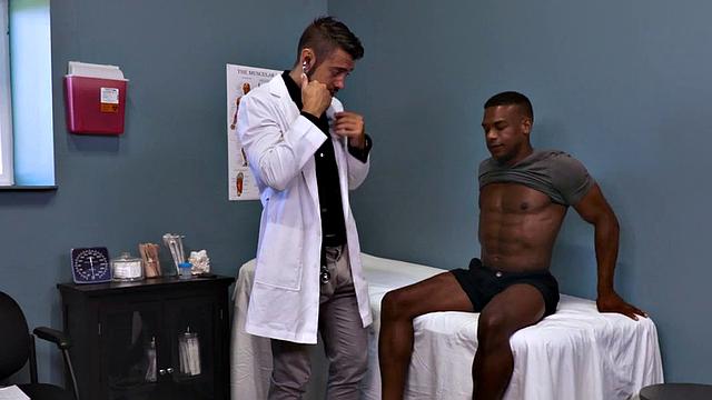 Black stud receives bj before bareback in doctors office