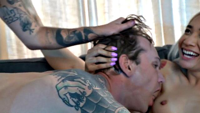 MTF pussyboy fucks guy with strapon in 3way with Asian GF