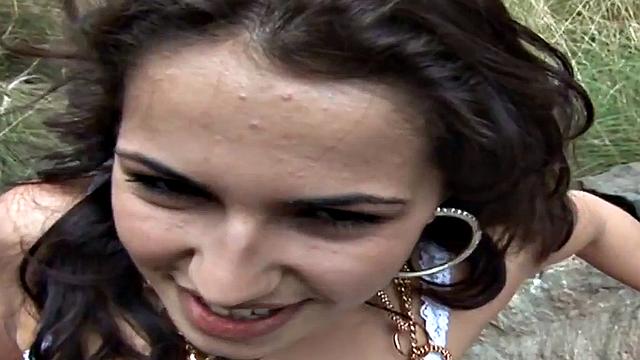 Public babe smashed by big white dick outdoors in pussy