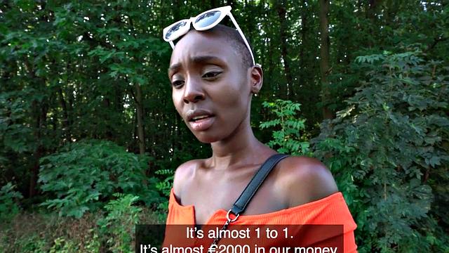 Hairless Ebony gets paid for sucking big dong outdoors