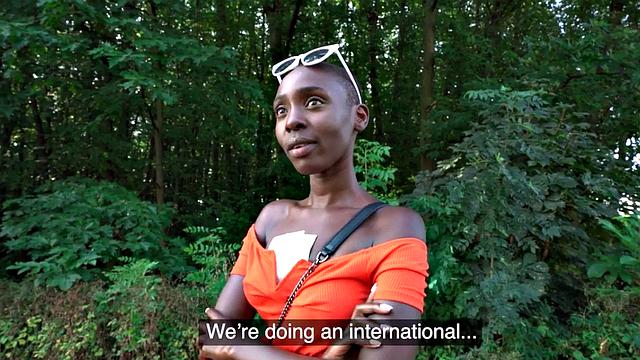 Hairless Ebony gets paid for sucking big dong outdoors