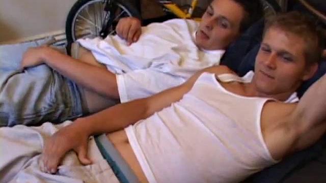 Lucas joins Gunner watching a porn video. After they stroke their boners, Gunner and Lucas exchange blowjobs. Then Gunner turns Lucas over and fucks his tight ass until Lucas blows a load onto his stomach.