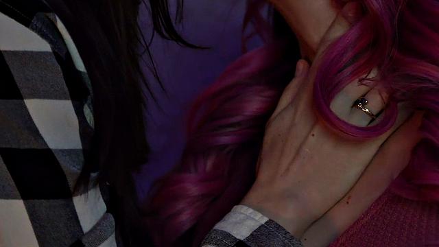 Pink hair TS with tattoos rimmed by fucked babe