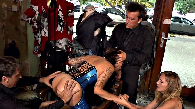Tattooed public slut anally drilled and spanked in a group