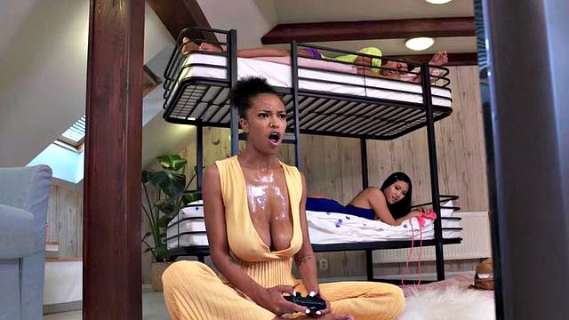 Big-titted ebony sharing roommate's cock with curvy Asian babe