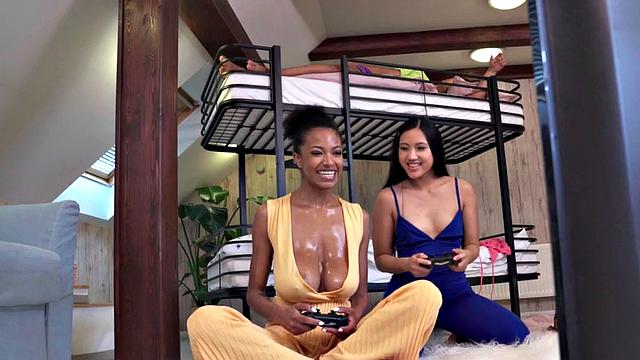 Big-titted ebony sharing roommate's cock with curvy Asian babe