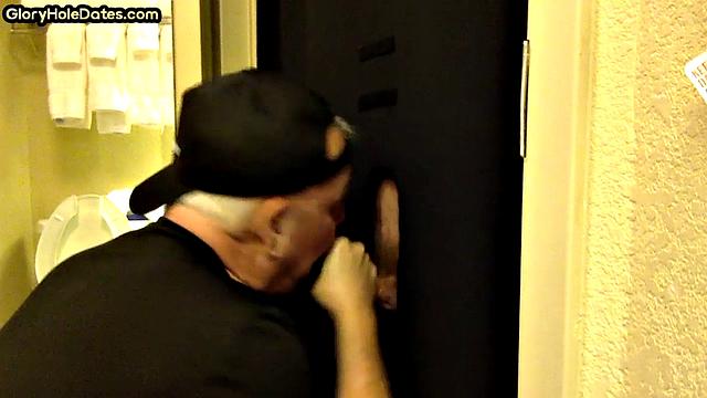 Gloryhole amateur DILF sucks and wanks penis at home