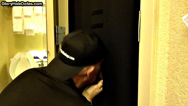 Gloryhole amateur DILF sucks and wanks penis at home