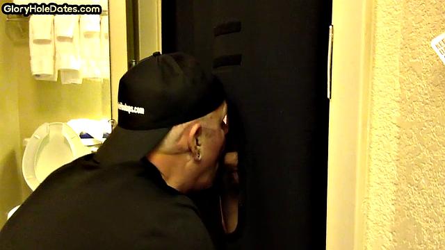 Gloryhole amateur DILF sucks and wanks penis at home