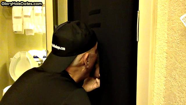 Gloryhole amateur DILF sucks and wanks penis at home