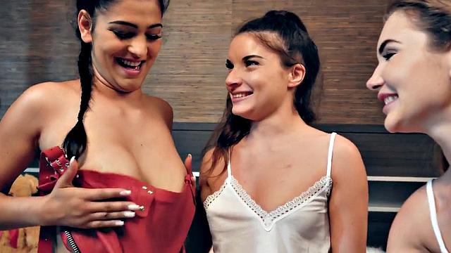 Watch these kinky brunettes pound their wet pussies in a steamy threesome with dildos