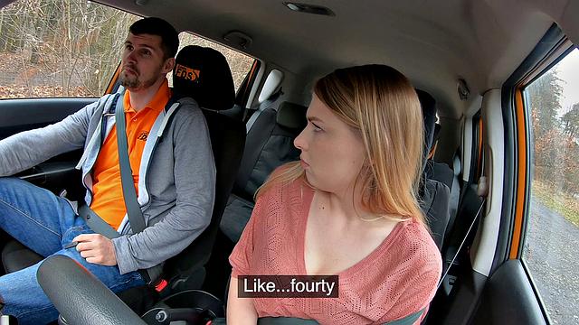 Blonde in stockings teaches her trimmed pussy how to pay for her lessons with a hot fuck and cumshot in the car