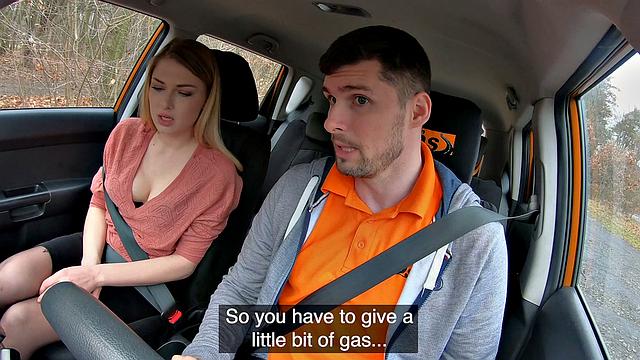 Blonde in stockings teaches her trimmed pussy how to pay for her lessons with a hot fuck and cumshot in the car