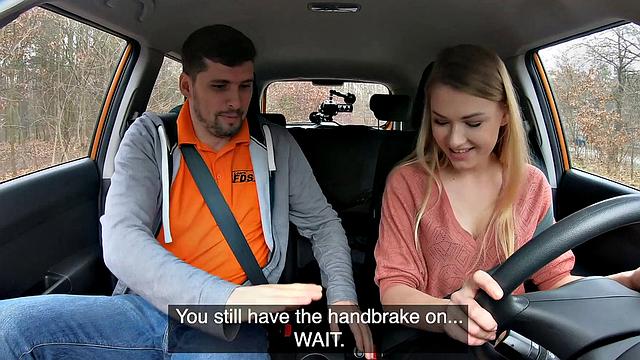 Blonde in stockings teaches her trimmed pussy how to pay for her lessons with a hot fuck and cumshot in the car